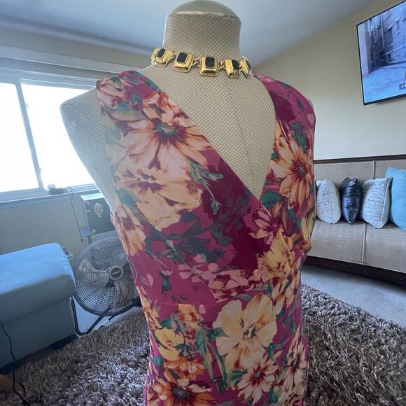 Covington Womans Babydoll Maxi Dress Pink Multi Floral Sleeveless Sheer Fairy 14 - Picture 13 of 16